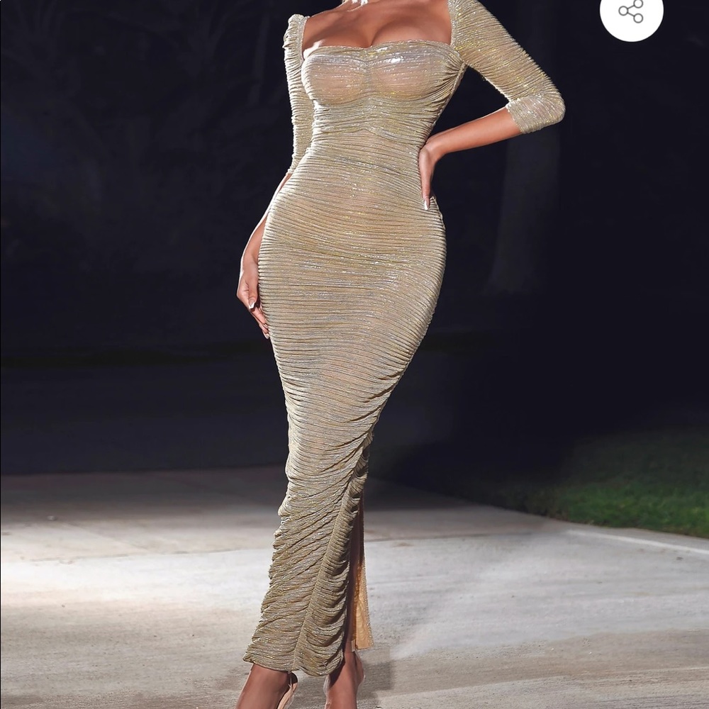 Sorrel Gold Ruched Chiffon Long Maxi Dress